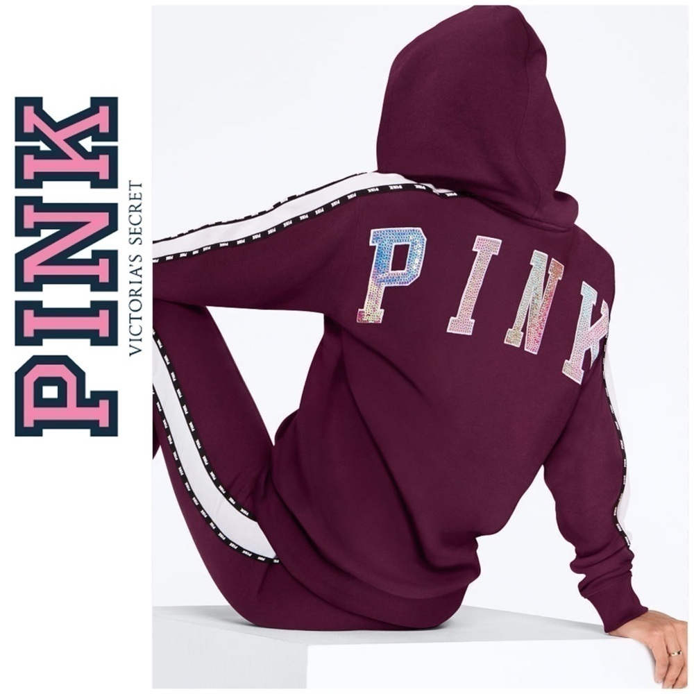 Sequinned Pink Victoria’s Secret full zip jacket, faux fur lined hood, graphic M